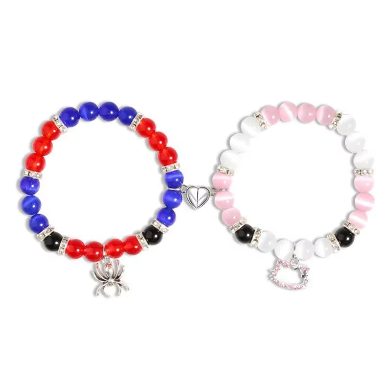 2 PCS Spider Cat Charm Beaded Bracelet for Best Friend Multi Color Cat Eye Heart Bracelet Set Red Blue Beads Fireball Spacer