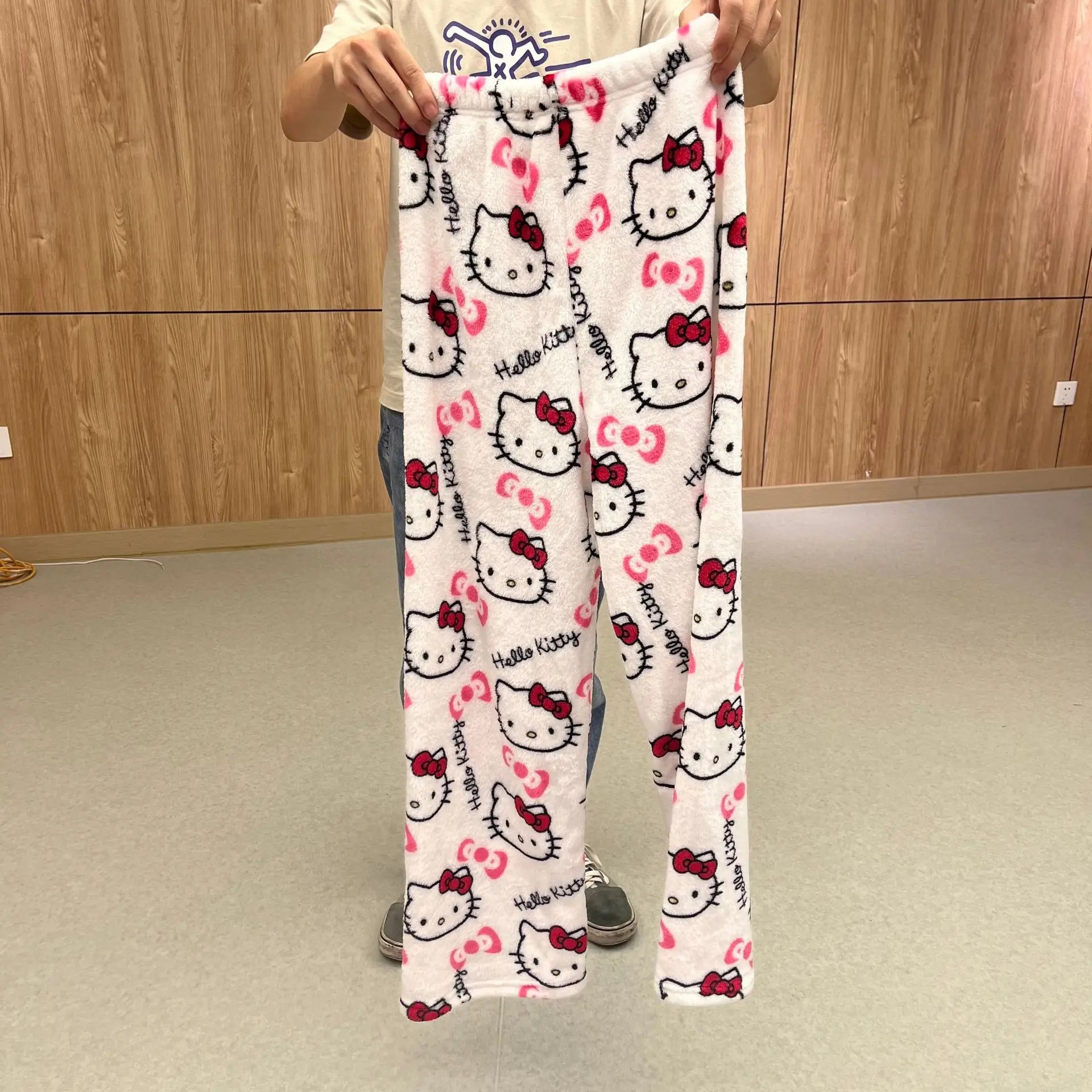 2024  Hello Kitty Pajamas Halloween Flannel Fashion Trouserswomen Kawaii Woolen Anime Cartoon Casual Home Pants Autumn