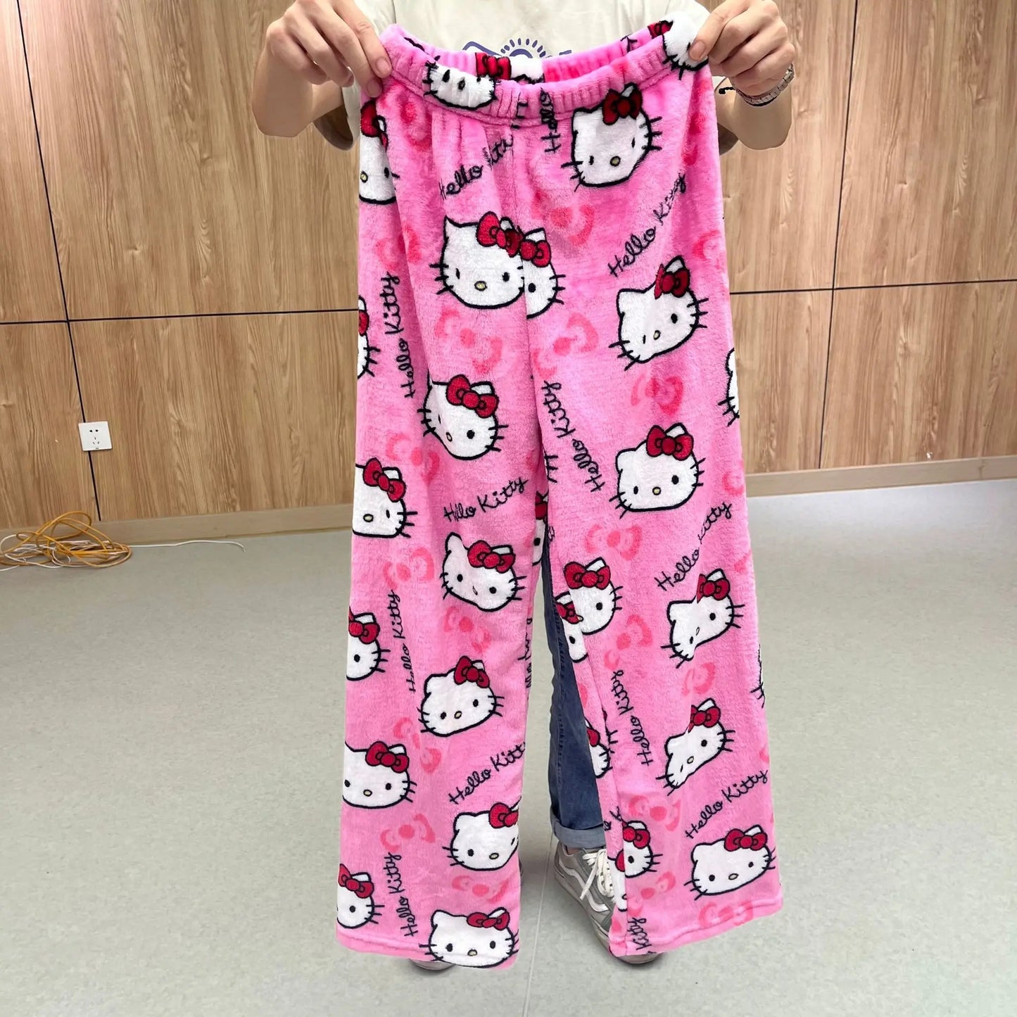 2024  Hello Kitty Pajamas Halloween Flannel Fashion Trouserswomen Kawaii Woolen Anime Cartoon Casual Home Pants Autumn