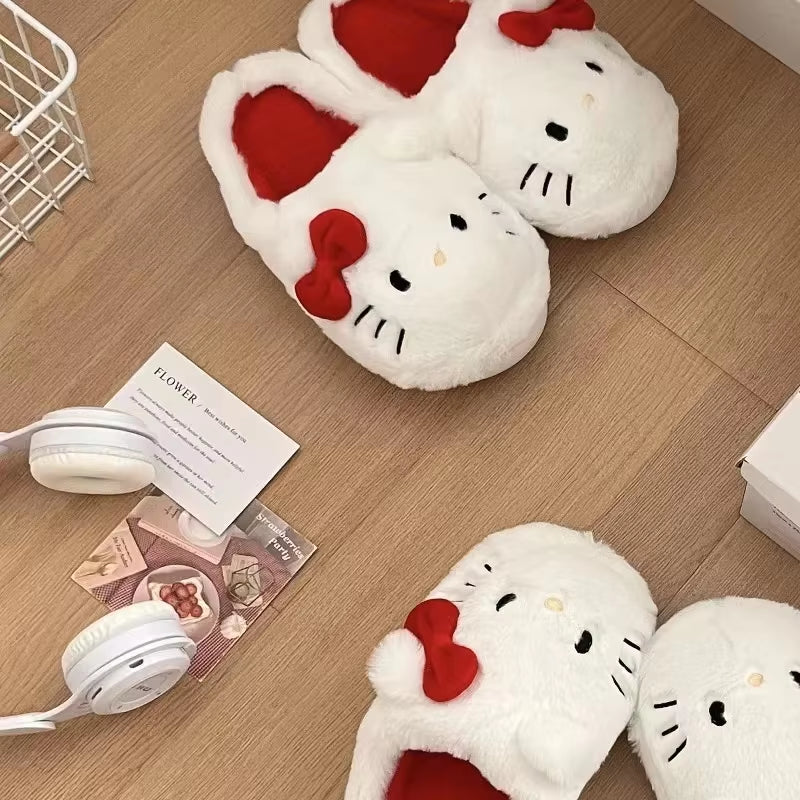 Sanrio Plush Slippers Hello Kittys Kawaii Cute Student Autumn Winter Soft Padded Bedroom