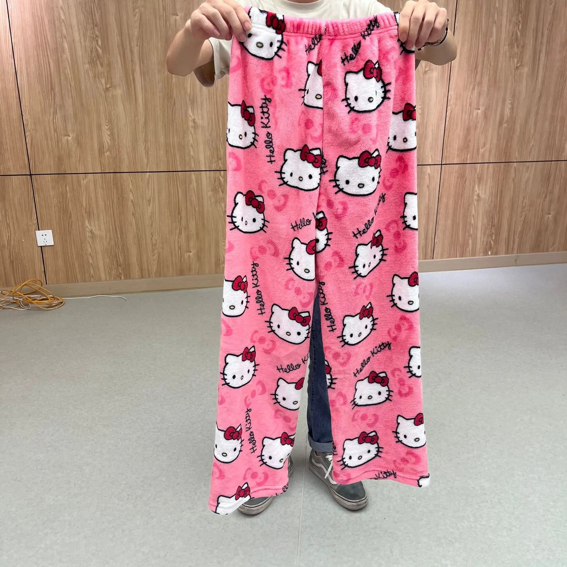 2024  Hello Kitty Pajamas Halloween Flannel Fashion Trouserswomen Kawaii Woolen Anime Cartoon Casual Home Pants Autumn