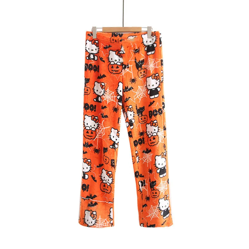 2024  Hello Kitty Pajamas Halloween Flannel Fashion Trouserswomen Kawaii Woolen Anime Cartoon Casual Home Pants Autumn