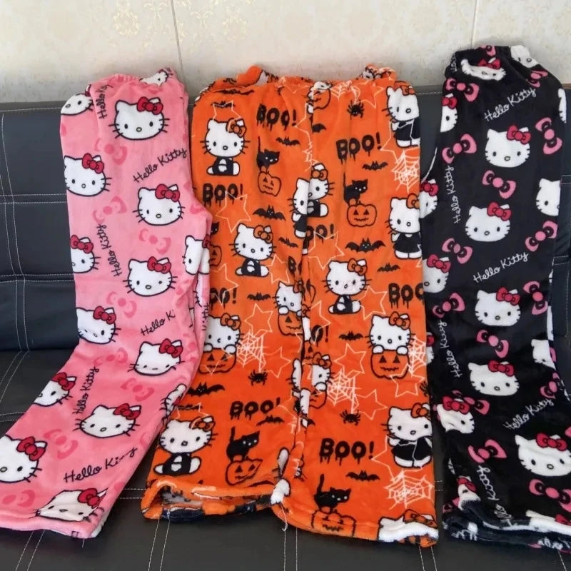 2024  Hello Kitty Pajamas Halloween Flannel Fashion Trouserswomen Kawaii Woolen Anime Cartoon Casual Home Pants Autumn