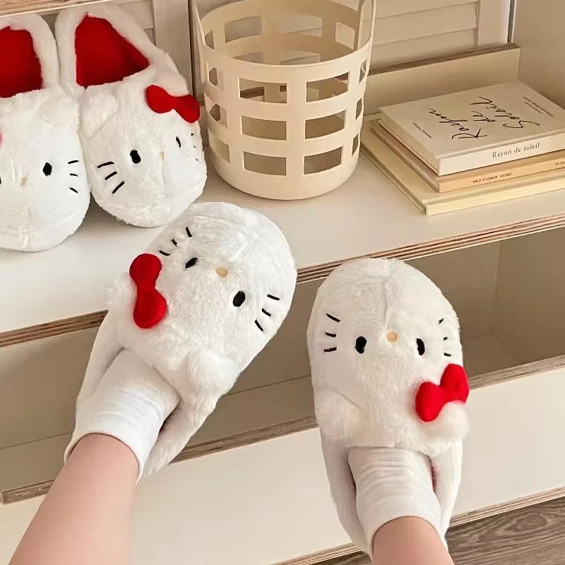 Sanrio Plush Slippers Hello Kittys Kawaii Cute Student Autumn Winter Soft Padded Bedroom